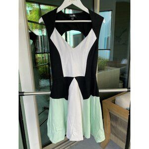 Bebe Cut-out Color Block Fit & Flare Skater Dress black/white/mint SMALL